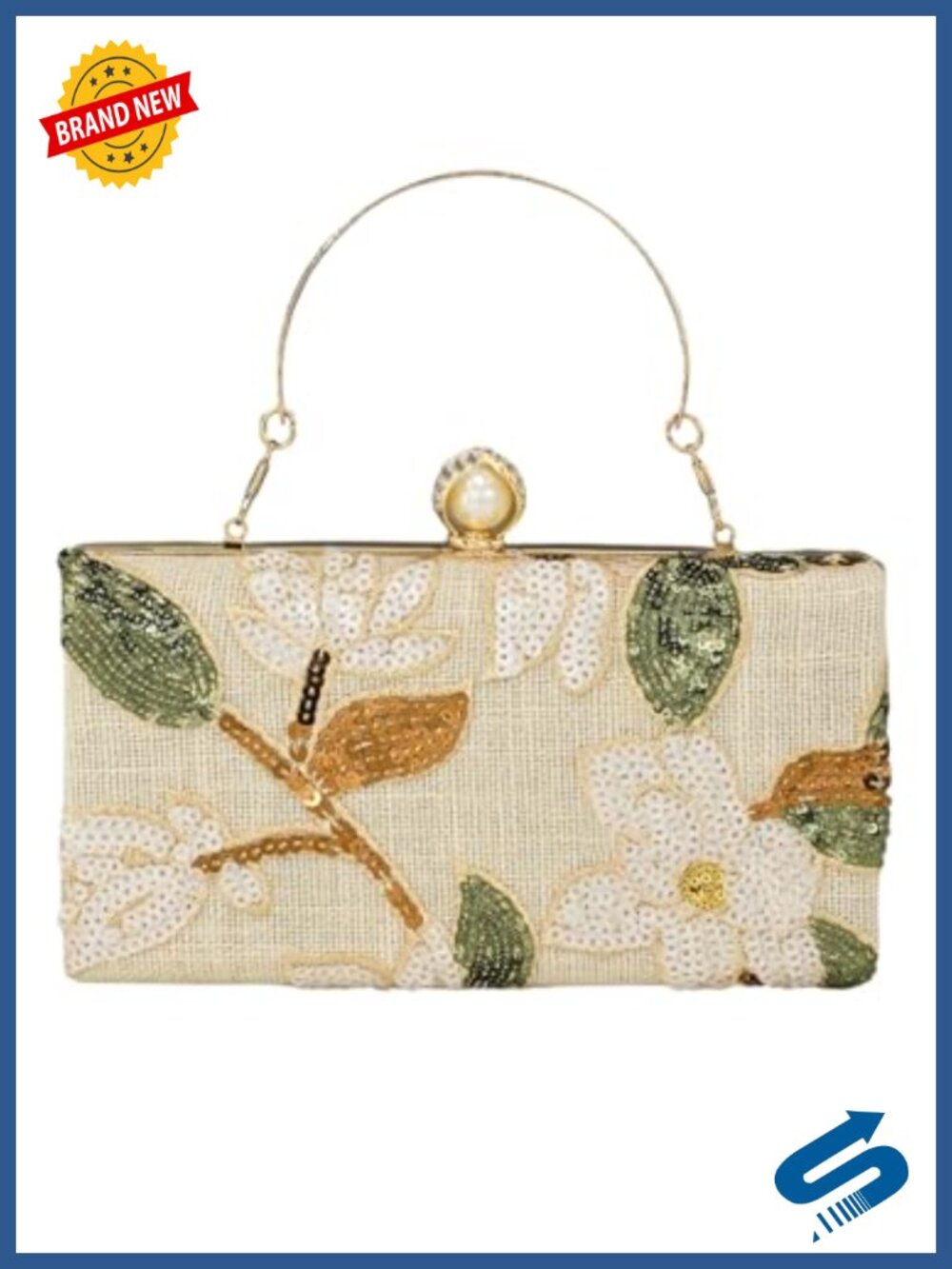 Sequin Floral Embroidered Clutch Purse Top Handle Kiss Lock Evening Bag